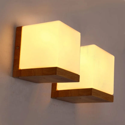 Japanese Solid Wood Art Style Square Wall Lamp White Frosted