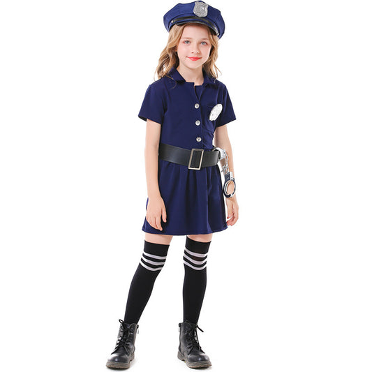 Costume d'expérience parent-enfant d'Halloween Robe de policière à boutons bleus