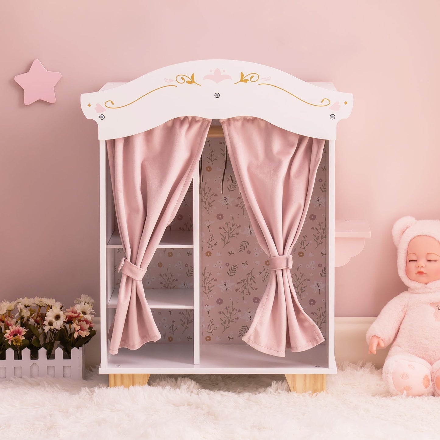 ROBOTIME Armoire de meubles de poupée de 18 pouces avec 5 cintres et coiffeuse, accessoires de poupée en bois, ensemble de garde-robe rose pour vêtements de poupée American Girl de 18 pouces 