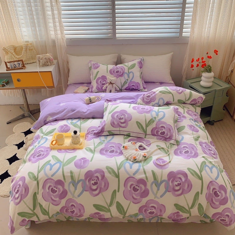 Home Fashion Simple Printing Cotton Bed Four-piece Set