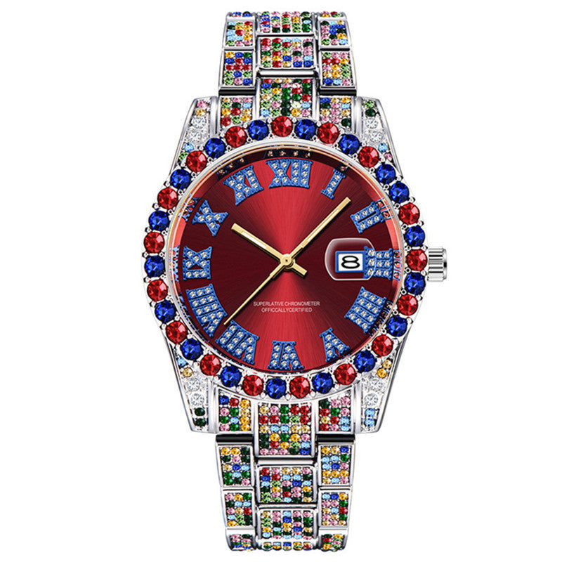 Hip Hop Hommes Mode Couleur Pleine Diamant Date Montres À Quartz