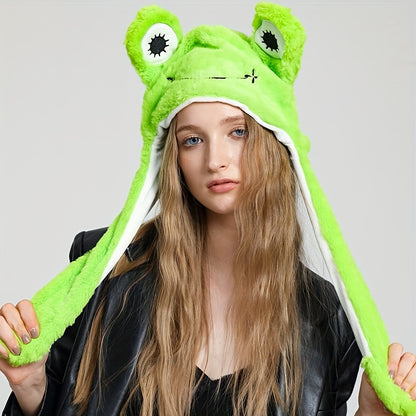 Lindo gorro con orejas móviles de animal, lindo gorro de peluche con forma de panda, perro, rana, cachorro, gorro con orejeras para fiesta de Halloween y cosplay para mujer