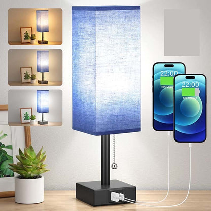 Bedside Table Lamp With 3 Levels Brightness Small Lamp With USB C & A Nightstand Lamp With Pull Chain Bedroom Lamp For Living Read Work