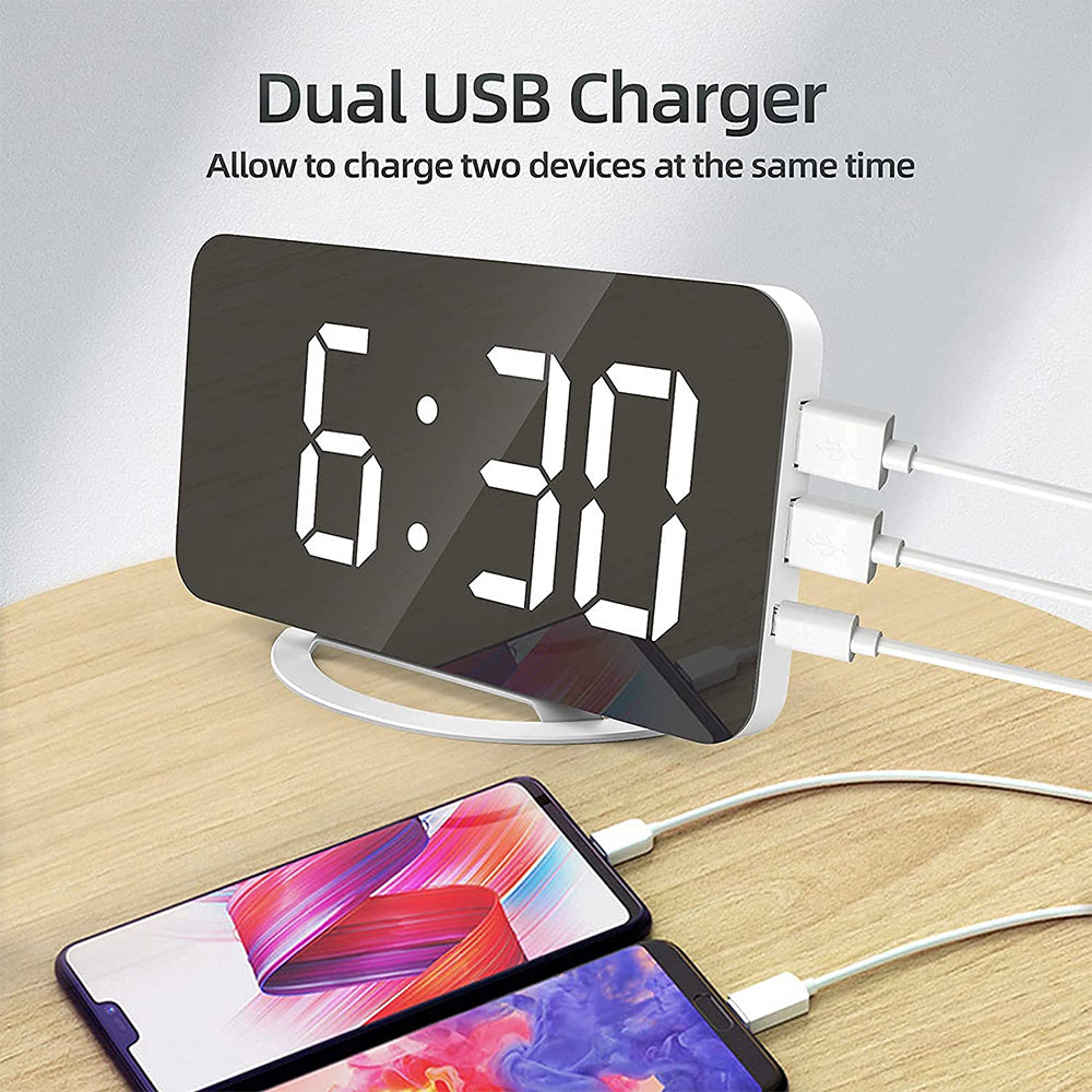 Reloj con espejo Digital, USB Dual, brillo, pantalla LED ajustable, alarma de mesa, pantalla de repetición de tiempo USB Dual para el hogar, oficina y dormitorio