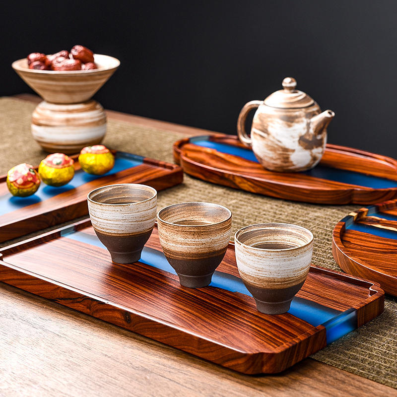 Plateau à thé en bois de santal rouge à petites feuilles, Table rétro en résine époxy de haute qualité