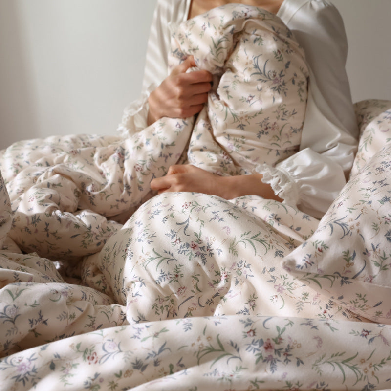 Housse de couette en coton tricoté de style pastoral français avec motif floral et plantes, draps de couchage nude