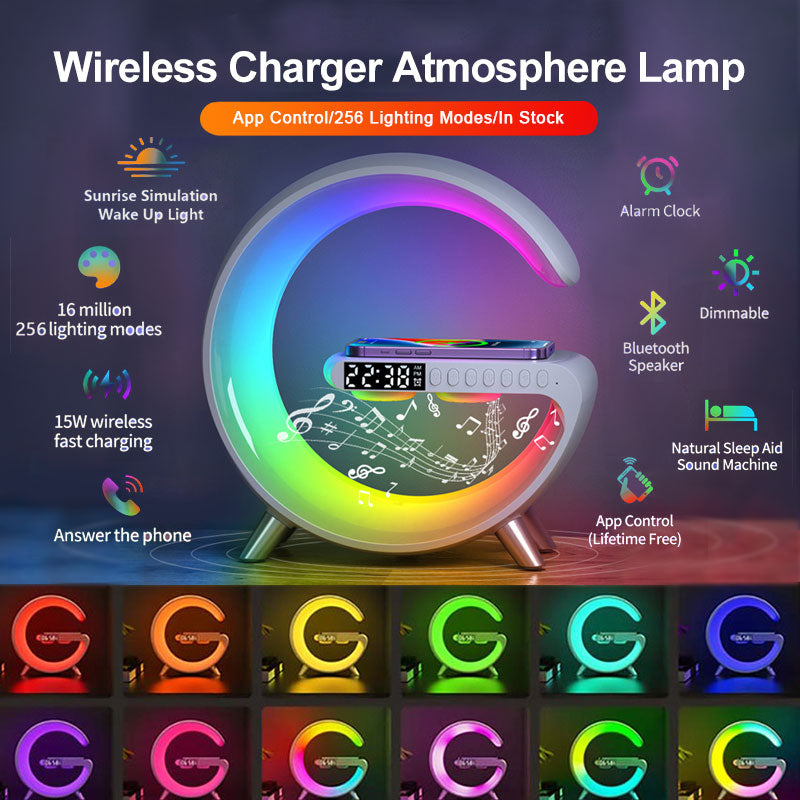 Nueva lámpara LED inteligente en forma de G, altavoz con Bluetooth, cargador inalámbrico, lámpara de ambiente, Control por aplicación para decoración del hogar y dormitorio