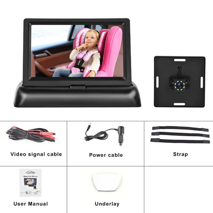 Pantalla plegable de 12-24V para monitorear imágenes de bebés en el coche con cable de alimentación para encendedor de cigarrillos cámara de ocho lámparas de visión nocturna