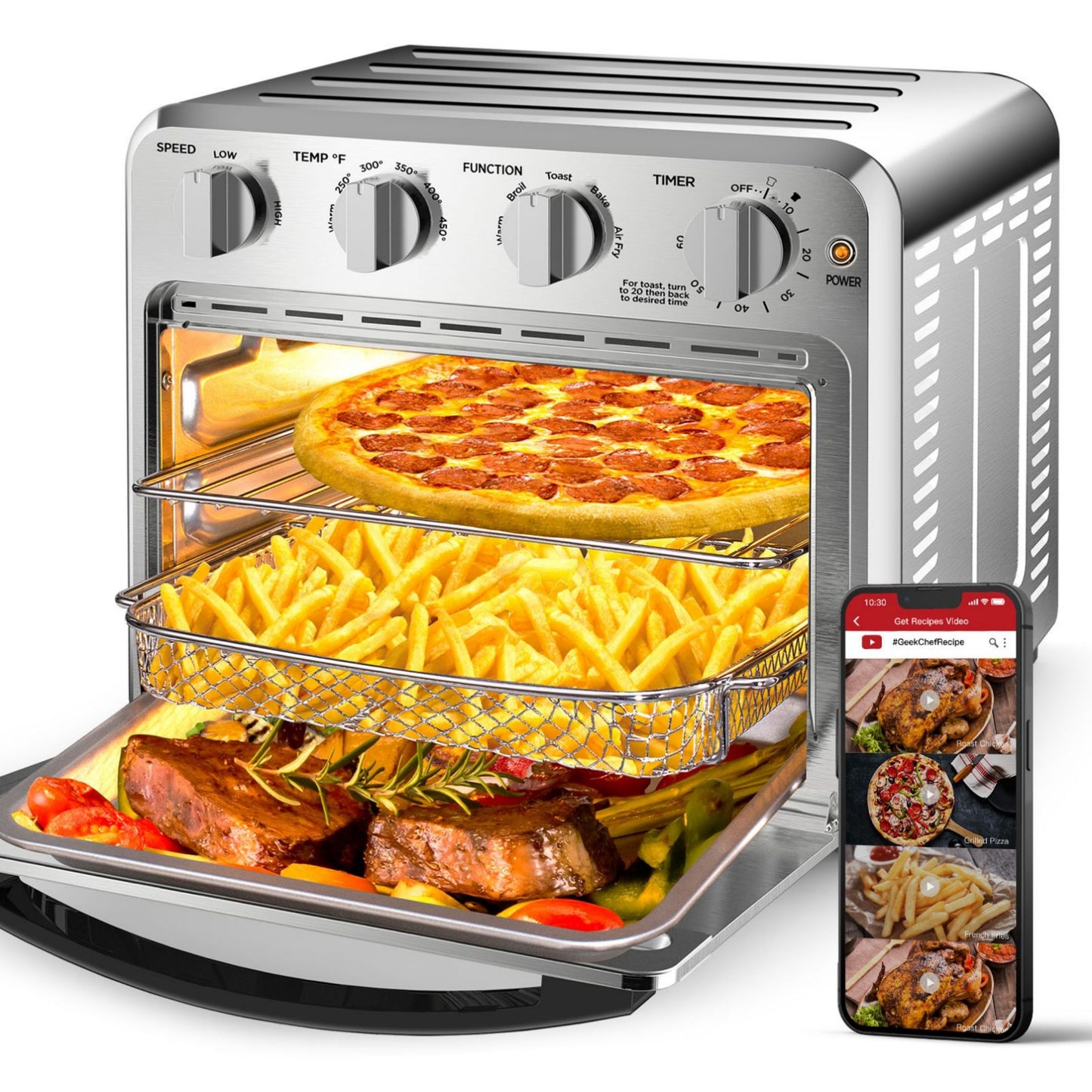 Geek Chef Friteuse à air grille-pain 4 tranches, grille-pain à convection, four chaud, grille-pain, cuisson à l'air libre, accessoires inclus, acier inoxydable, argent, 16 QT, interdiction de vente sur Amazon