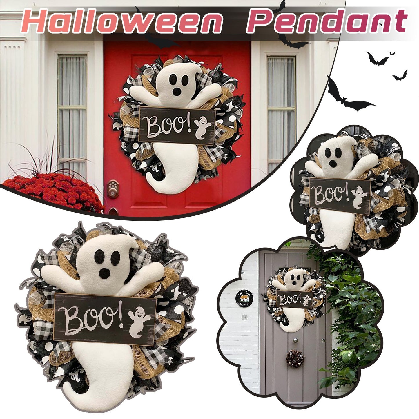 Halloween Wreath BOO Farmhouse-Ghost Wreath Outdoor Front Door Indoor Wall Decor Honeycomb Ghost Smiley Balloon For Halloween