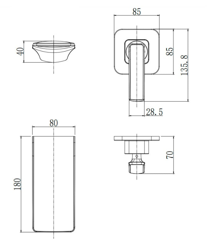 Grifo de lavabo empotrado de cobre encastrado en la pared