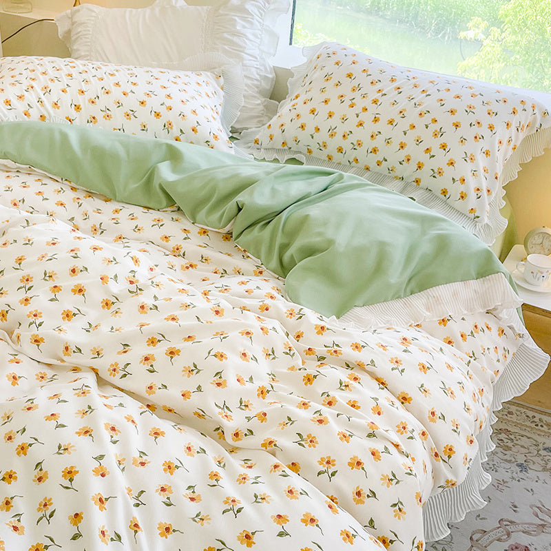 Housse de couette en coton lavé à petites fleurs, ensemble de draps de lit quatre pièces