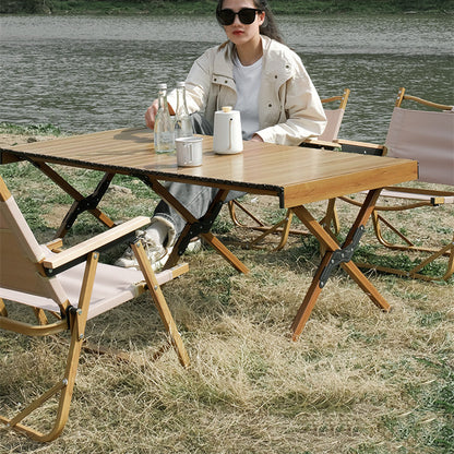 Mesa de barbacoa portátil y autónoma para acampar, mesa de madera de grano