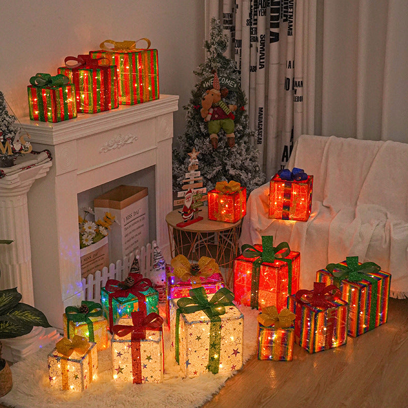 Décorations de noël en plein air éclairées, boîte-cadeau de noël lumineuse avec nœud pour vacances, arbre de noël, décor de cour de maison