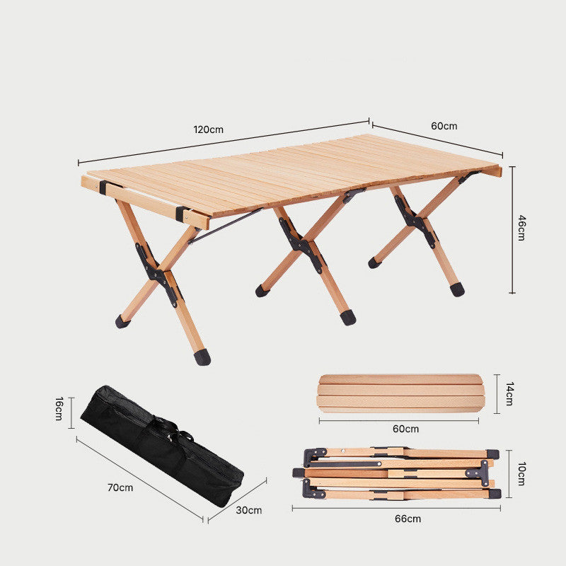 Mesa de rollo de huevo de haya de madera maciza para exteriores, mesa plegable para acampar