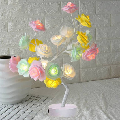 Lámpara de flores rosas, lámpara de mesa LED con batería USB, luces nocturnas de árbol bonsái, guirnalda de luces decorativas para dormitorio, decoración del hogar