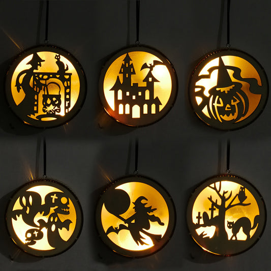 Colgante de luz LED de madera para Halloween, redondo, con forma de gato negro, para ordenador, con forma de bruja, mago, calabaza, casa embrujada