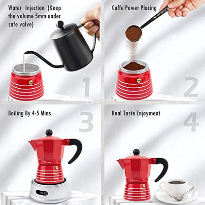 Stovetop Espresso Maker 6 Cup 300ml, Aluminum Moka Pot Gift Set, Italian Cuban Greca Coffee, Easy To Use & Clean - Set Including 2 Cups, Spoon, Red, Perfect Gifts For Coffee Lovers