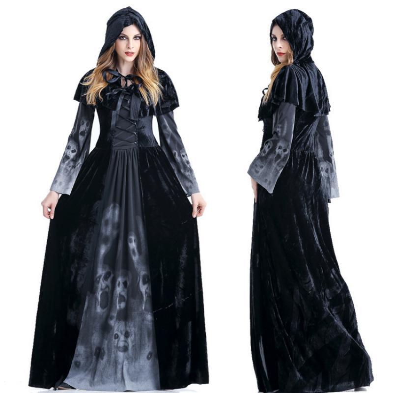 Halloween Femmes Médiéval Gothique Sorcière Maléfique Horreur Effrayant Cosplay Costume Carnaval Fête Fantôme Longue Robe Noire À Capuche