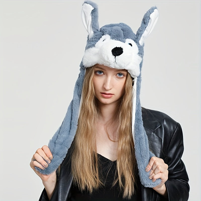 Lindo gorro con orejas móviles de animal, lindo gorro de peluche con forma de panda, perro, rana, cachorro, gorro con orejeras para fiesta de Halloween y cosplay para mujer