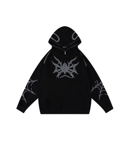 Sudadera con capucha y cremallera estilo hip hop con diseño de telaraña para Halloween