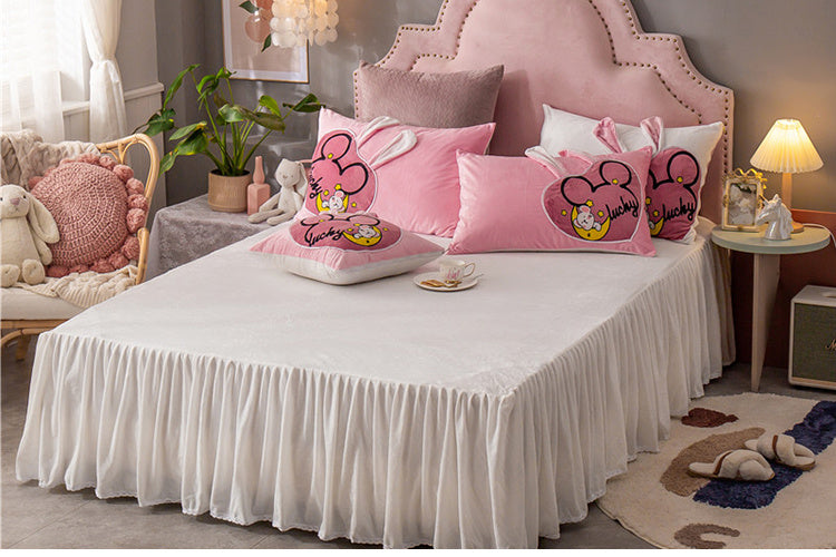 Housse de couette chaude rembourrée en velours corail Jupe de lit coupe-vent princesse