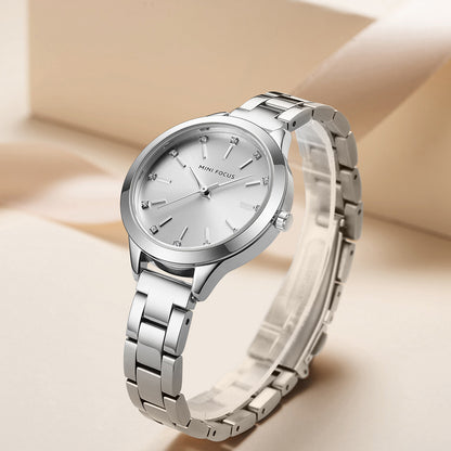 Montre simple étanche avec bracelet en acier massif et strass pour femmes