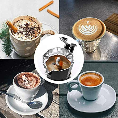 Cafetera espresso para estufa, 6 tazas, 300 ml, juego de regalo de olla Moka de aluminio, café Greca cubano italiano, fácil de usar y limpiar, juego que incluye 2 tazas, cuchara, negro, regalo perfecto para los amantes del café