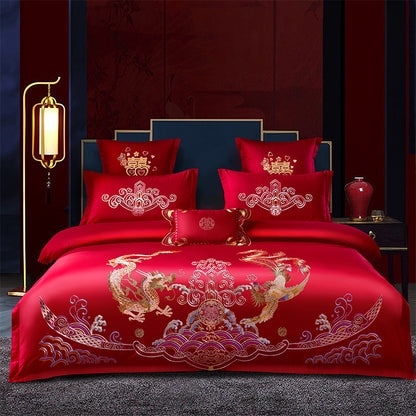 Conjunto de cuatro piezas para boda roja, venta al por mayor, ropa de cama bordada de algodón puro para boda, edredón Xi para cama de matrimonio, dragón y fénix