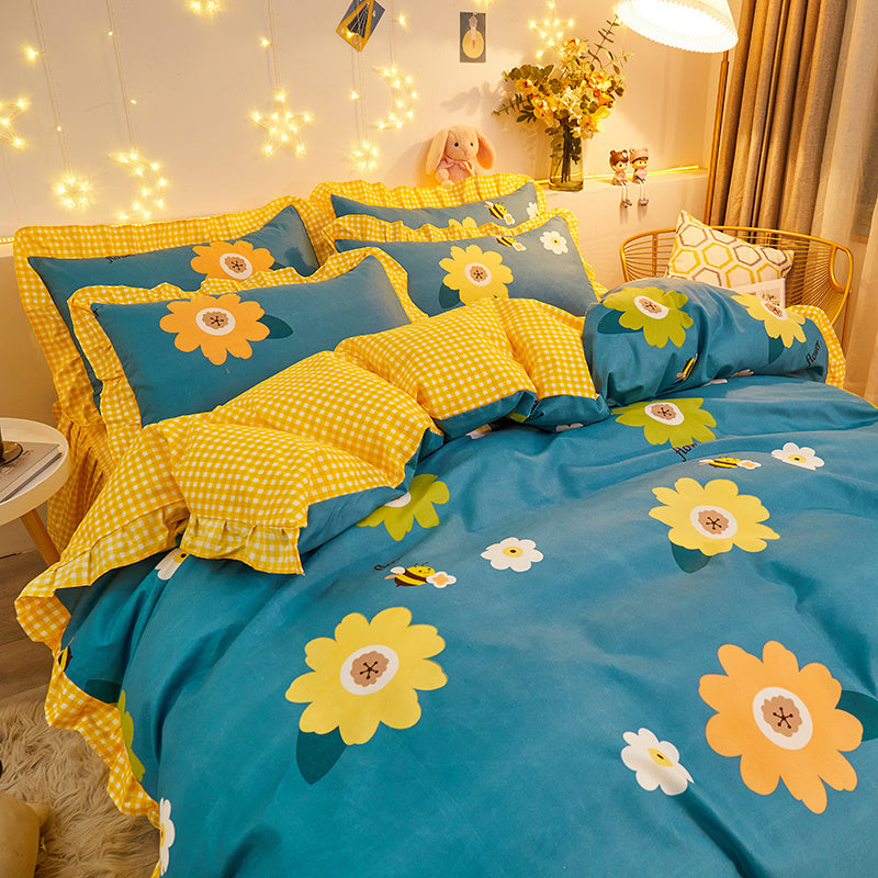 Housse de couette en coton à fleurs, drap de lit, jupe de lit, costume trois ou quatre pièces