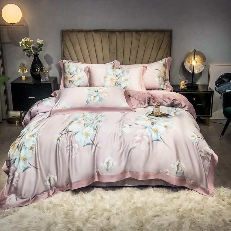 Double Sided Silk Printed Bed Set Of Four Pieces With Ice Silk