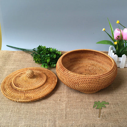 Round Rattan Boxes with Lid Hand-Woven Multi-Purpose Wicker Tray 11 Inch Picnic Food Bread Table Storage Basket