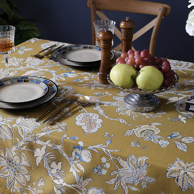 Nappe en coton et lin à fleurs jaunes, ronde et rectangulaire