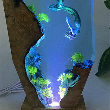 DIY Mermaid Ocean Small Night Lamp Creative Handmade Wooden Resin Decorations