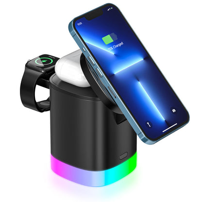 Cargador rápido inalámbrico magnético 3 en 1 para teléfono inteligente, estación de carga de luz ambiental RGB para Airpods IWatch