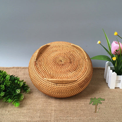 Round Rattan Boxes with Lid Hand-Woven Multi-Purpose Wicker Tray 11 Inch Picnic Food Bread Table Storage Basket