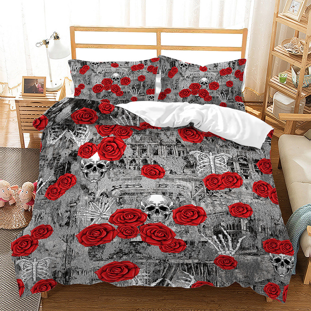 Digital Printing Halloween Crossbones Three Piece 3D Printing Quilt Cover