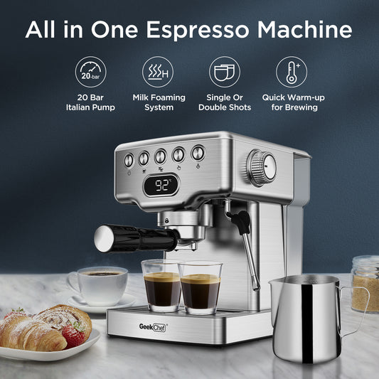 Machine à expresso Geek Chef, machine à expresso 20 bars avec mousseur à lait pour latte, cappuccino, macchiato, pour machine à expresso domestique, réservoir d'eau de 1,8 L, acier inoxydable, interdiction sur Amazon