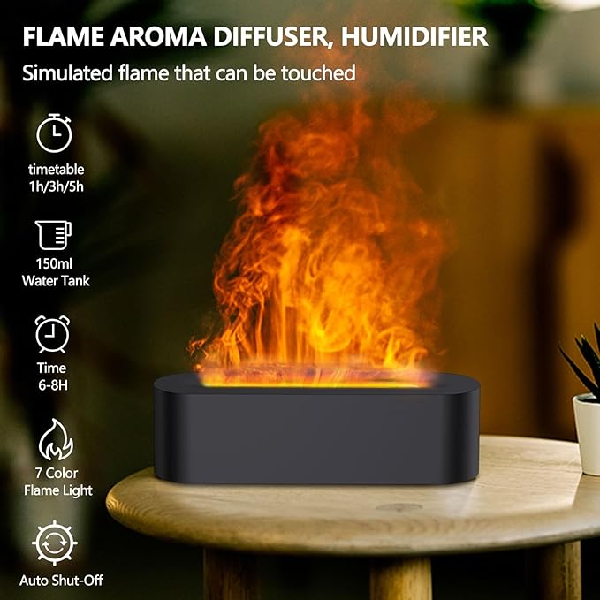 Difusores de aceites esenciales Flame, difusor de aromaterapia con luces de 7 colores, difusor de aceite, humidificador de aire, difusores de aroma para el hogar, dormitorio, oficina, yoga, temporizador y apagado automático sin agua 150 ml