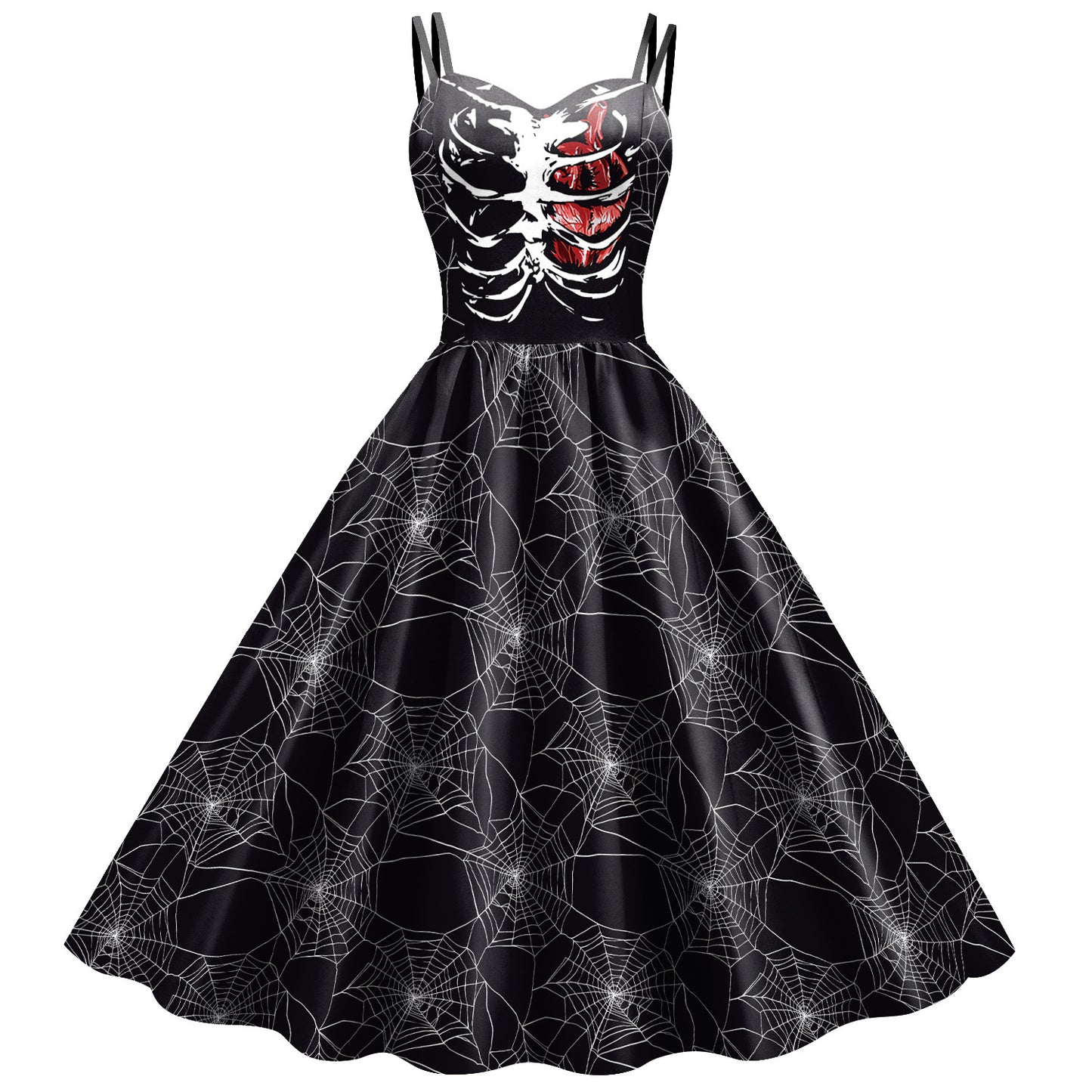 Vestido con estampado digital de calavera y esqueleto con falda y tirantes de estilo nuevo para Halloween