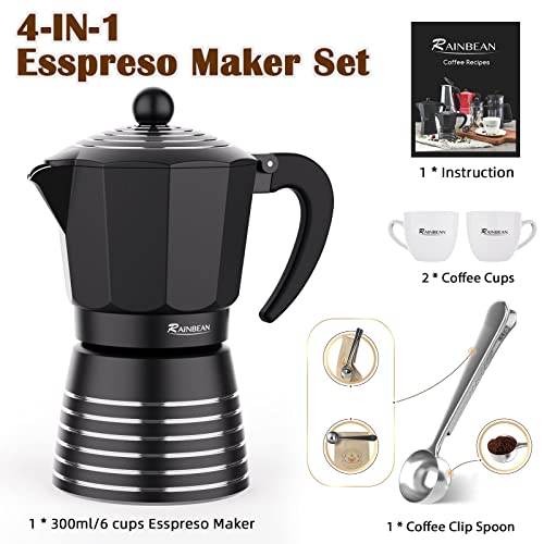 Machine à expresso sur cuisinière 6 tasses 300 ml, coffret cadeau en aluminium Moka Pot, café italien cubain Greca, facile à utiliser et à nettoyer – ensemble comprenant 2 tasses, cuillère, noir, cadeaux parfaits pour les amateurs de café