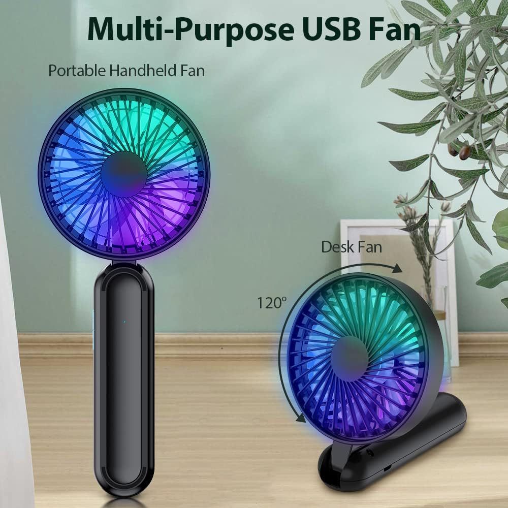 Ventilador portátil de mano, ventiladores de mano USB personales con luz de color RGB, ventilador de mesa plegable de 5 velocidades con batería recargable para sala de oficina de viajes