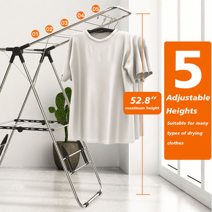 Clothes Drying Rack, Foldable 2-Layer Stainless Steel Laundry Drying Rack With Height Adjustable Gullwing, Laundry Rack For Drying Clothes, Towels, Shoes And Socks, Hats, Quilts