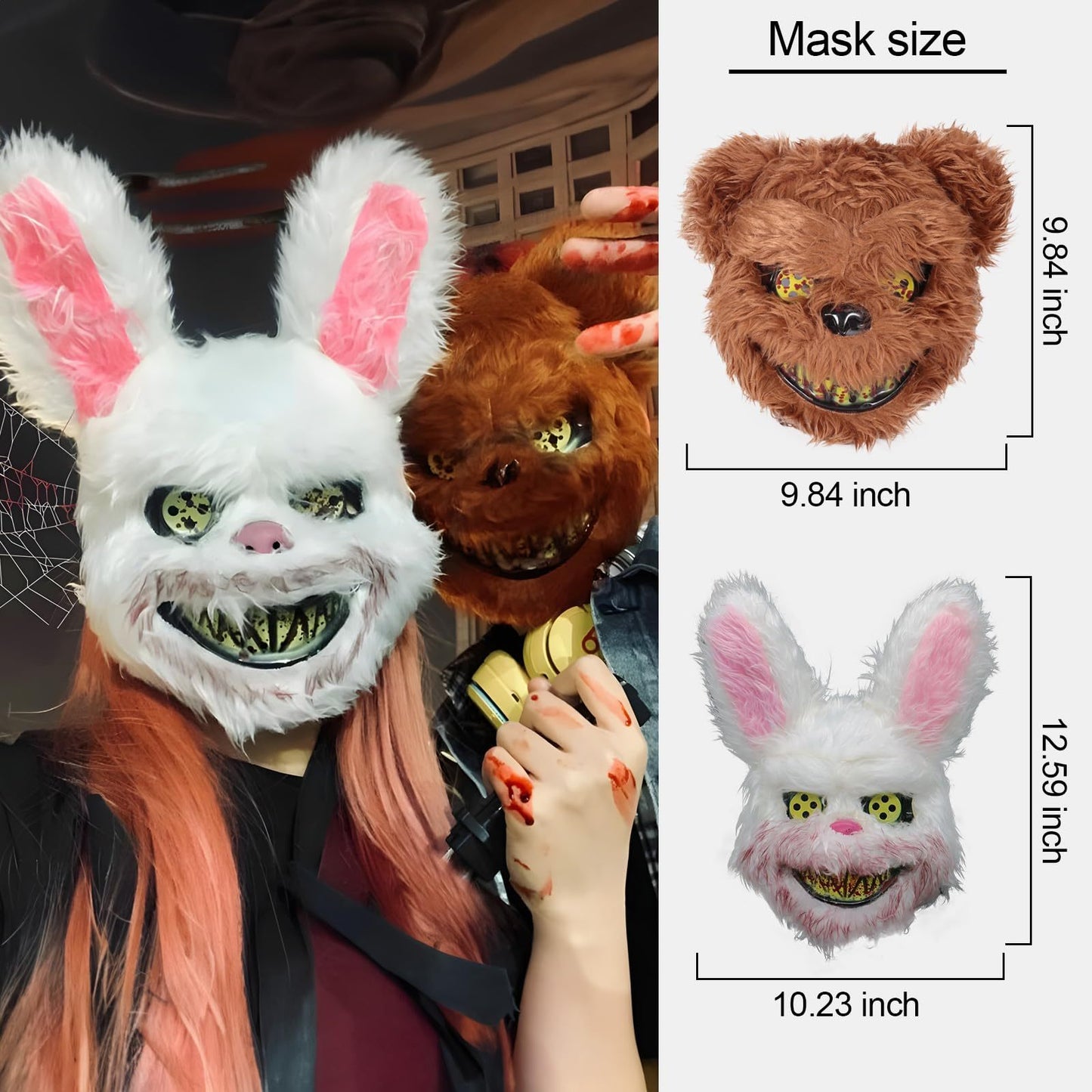 Masque effrayant d'Halloween, masque d'ours, de lapin, de lapin, masque de tête en peluche sanglante, accessoires de costume de cosplay, masque d'ours et de lapin du diable d'horreur de fête d'Halloween