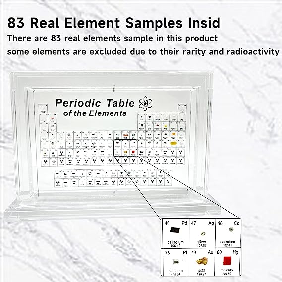 Tabla periódica Xanadued con elementos reales en el interior, tabla periódica acrílica con 83 muestras de elementos reales, tabla periódica de elementos giratoria 3D, fácil de leer.