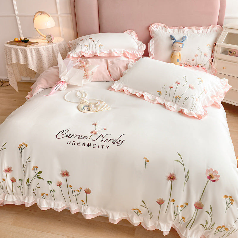 Four-piece Embroidered Quilt Cover For Washed Cotton Bed