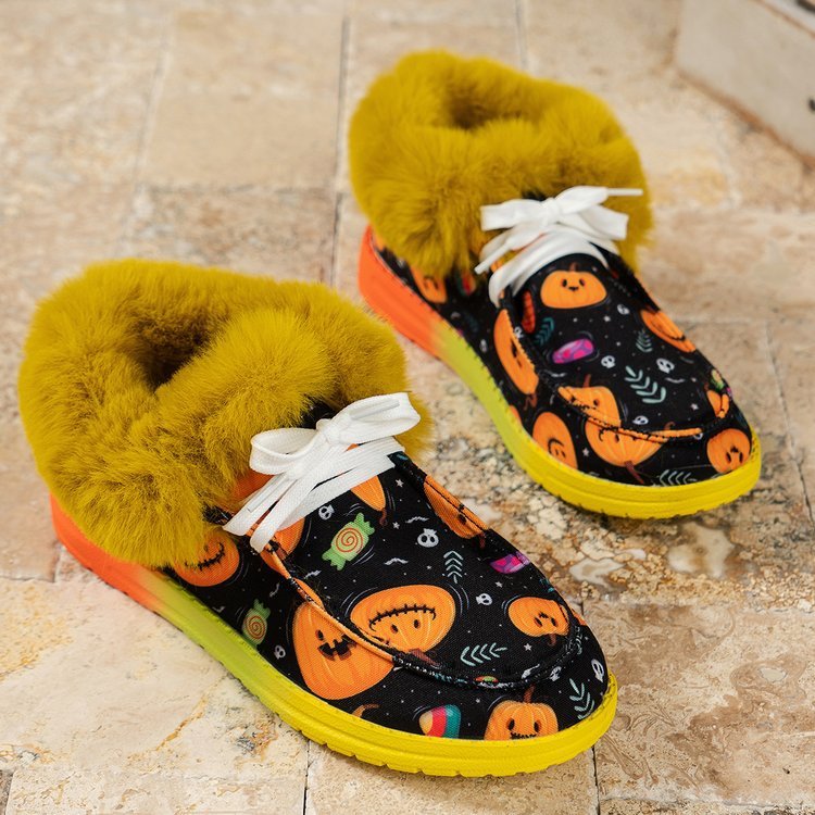 Zapatos de ocio de tacón alto de felpa con estampado de Halloween a la moda para mujer