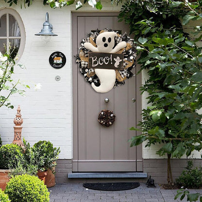 Corona de Halloween BOO Farmhouse-Ghost Wreath Decoración de pared interior para puerta de entrada al aire libre Panal Fantasma Globo sonriente para Halloween