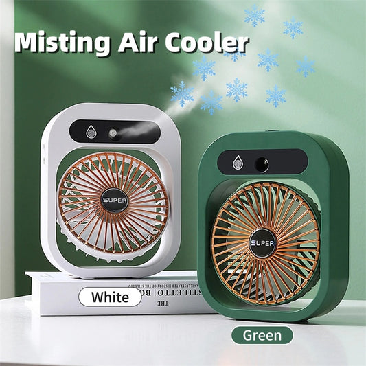 Ventilador de aire acondicionado, ventilador de nebulización de escritorio, enfriador de aire, humidificador recargable por USB, ventilador de pulverización portátil con 3 velocidades de viento, ventilador de niebla para el hogar