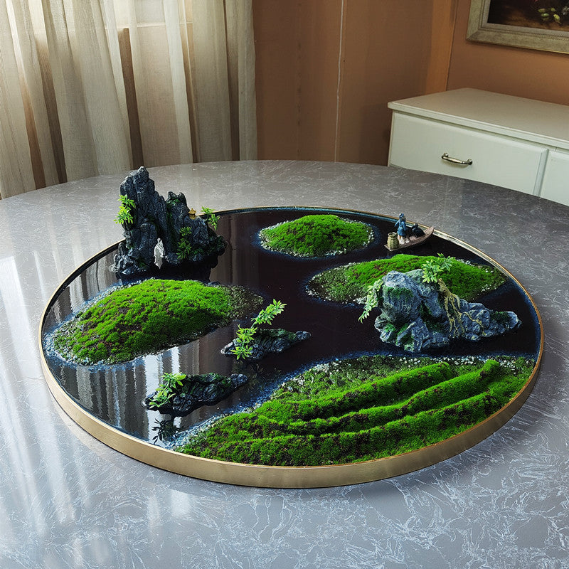 Juego de comedor con paisaje en miniatura redondo y flores decorativas con núcleo de mesa